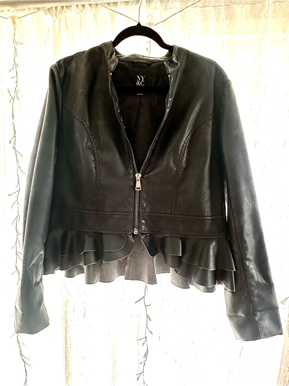 New York & Company Black Leather Peplum Zip Jacket - Picture 2 of 3
